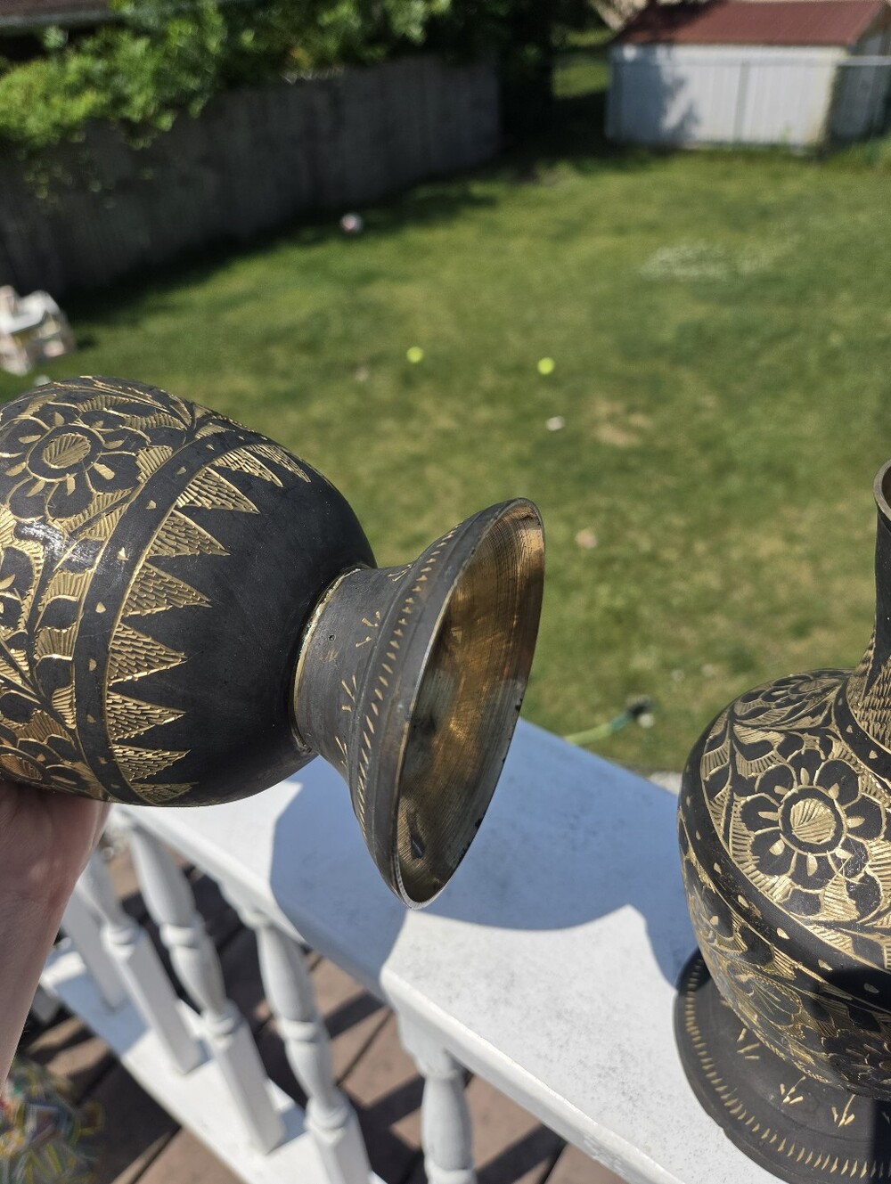 Vintage MCM Indian Brass Etched Floral Vases, Black & Gold Enamel Set of 2 - Picture 8 of 8